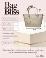 CrossKulture - BlissMagic white handbag infographic about size, features, and design