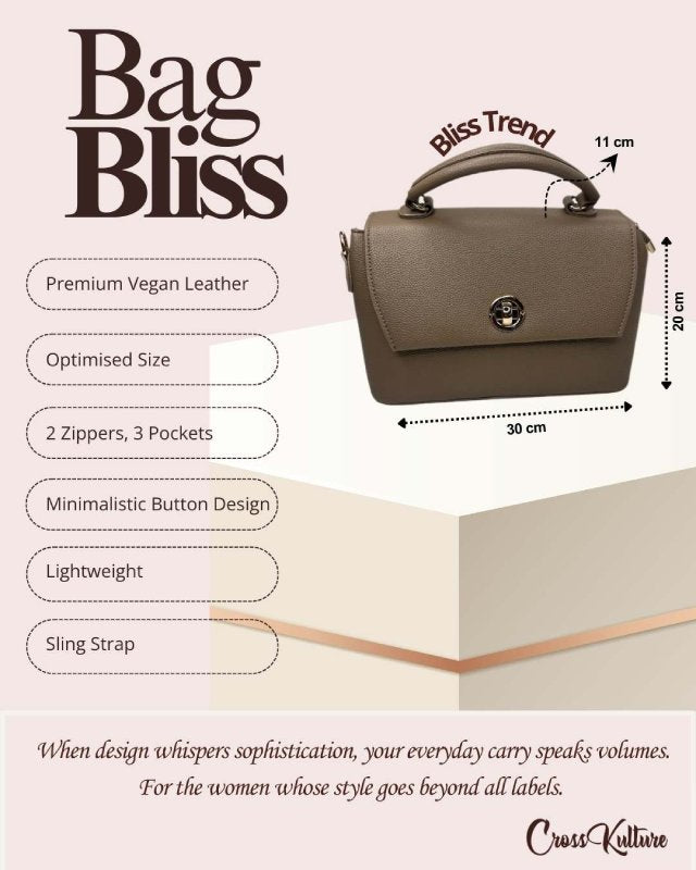 CrossKulture - BlissTrend green handbag infographic about size, features, and design