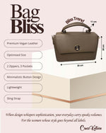 CrossKulture - BlissTrend green handbag infographic about size, features, and design