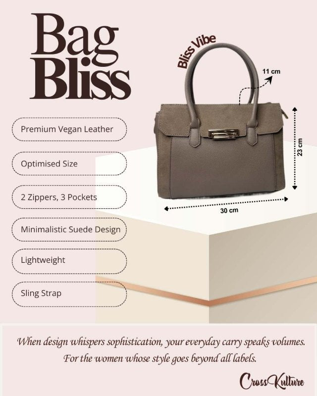CrossKulture - BlissVibe grey handbag infographic about size, features, and design