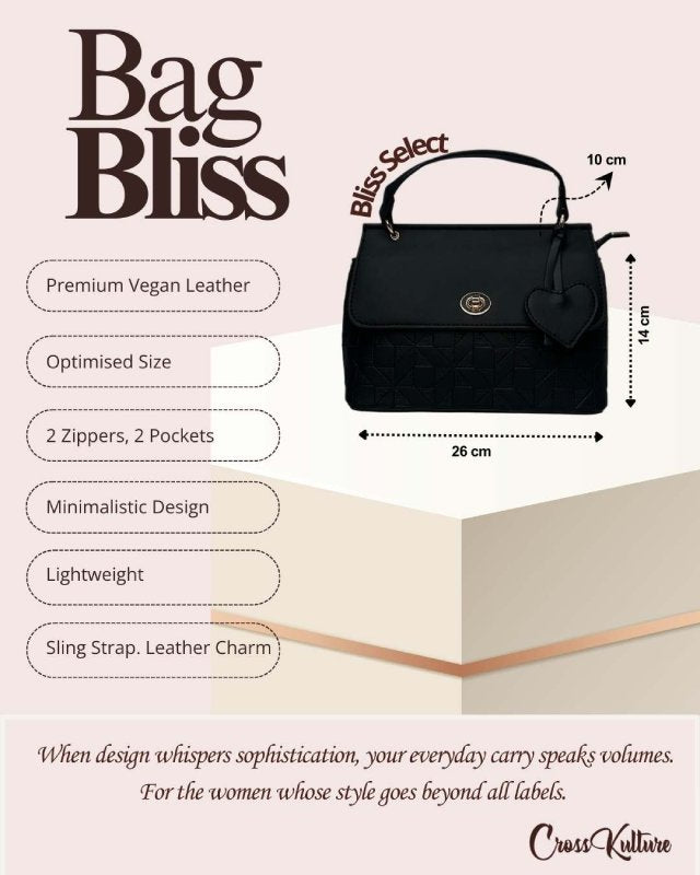 CrossKulture - BlissSelect black handbag infographic about size, features, and design