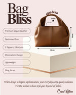 CrossKulture - BlissAura brown handbag infographic about size, features, and design