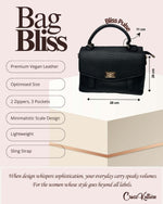 CrossKulture - BlissPulse black handbag infographic about size, features, and design