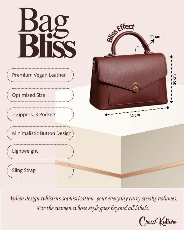 CrossKulture - BlissEffect brown handbag infographic about size, features, and design