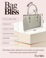 CrossKulture - BlissChic white handbag infographic about size, features, and design