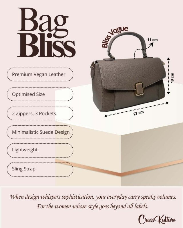 CrossKulture - BlissVogue taupe handbag infographic about size, features, and design