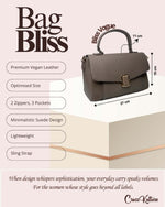 CrossKulture - BlissVogue taupe handbag infographic about size, features, and design