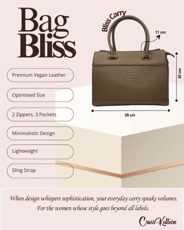CrossKulture - BlissCarry green handbag infographic about size, features, and design