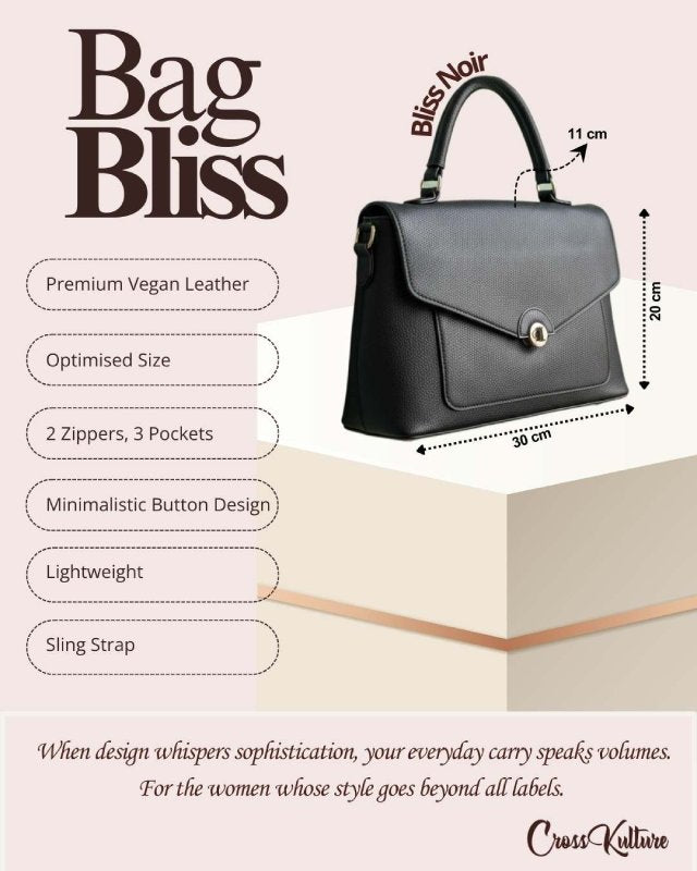 CrossKulture - BlissNoir black handbag infographic about size, features, and design