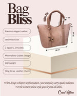 CrossKulture - BlissFit pink handbag infographic about size, features, and design