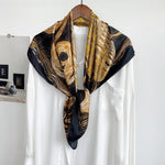 CrossKulture - RoyalCrest Large Square Satin Scarf Black Golden styled on hanger view