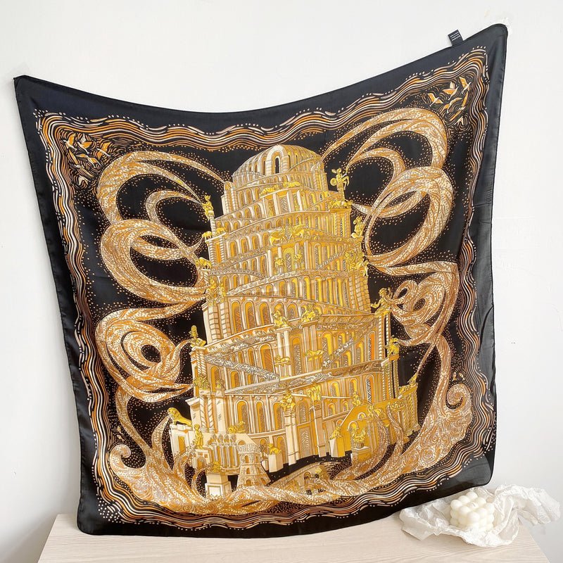 CrossKulture - RoyalCrest Large Square Satin Scarf Black Golden full open view