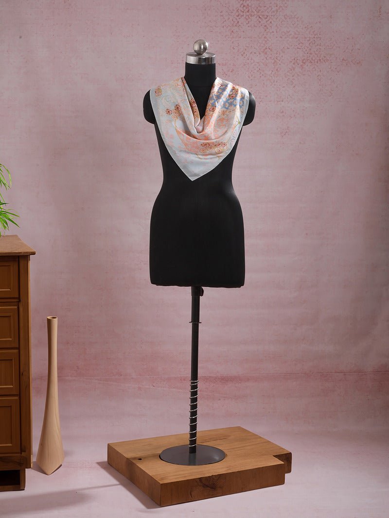 CrossKulture - SereneHorizon Small Square Satin Scarf Blue styled on mannequin view
