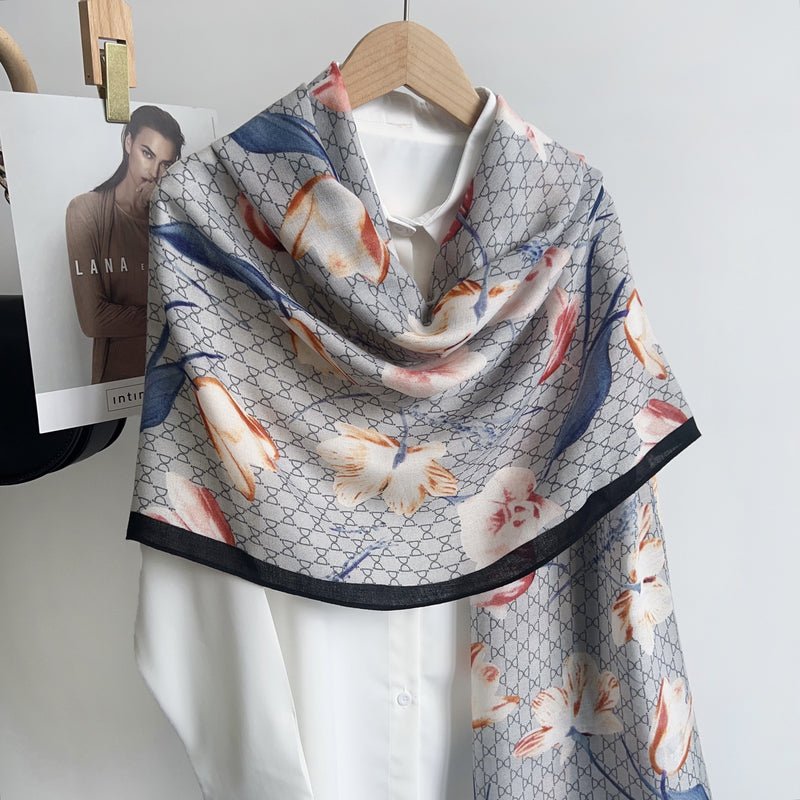 CrossKulture - SkylineTulips Viscose Cotton Scarf Blue styled on a hanger view