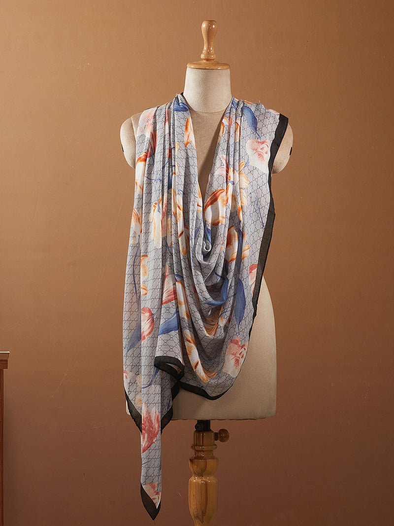 CrossKulture - SkylineTulips Viscose Cotton Scarf Blue front mannequin view