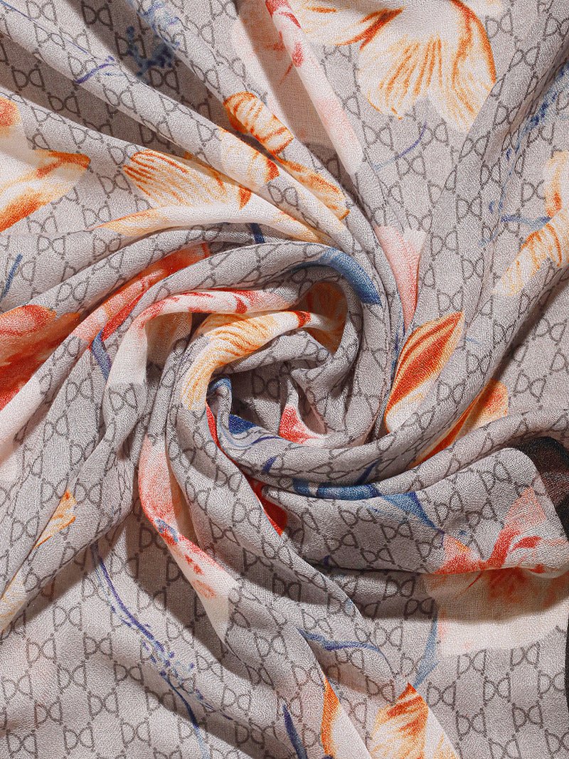 CrossKulture - SkylineTulips Viscose Cotton Scarf Blue fabric detailing view