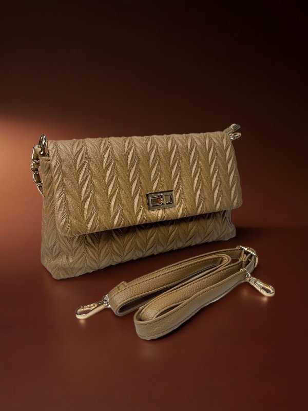 CrossKulture - BlissElegance lightweight camel handbag side view showing long strap