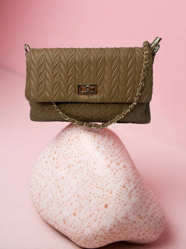 CrossKulture - BlissElegance lightweight camel handbag front view on a stone