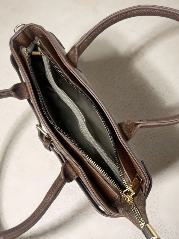 CrossKulture - BlissCharm two front pocket brown handbag interior with zip compartment and storage pockets