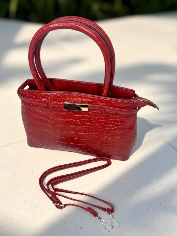 CrossKulture - BlissMode lightweight red handbag front view showing long strap