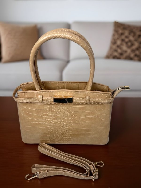 CrossKulture - BlissGlow lightweight beige handbag front view showing long strap