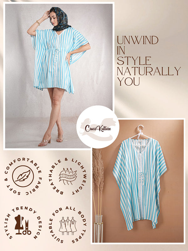 OceanThread - Women's Cotton Linen Feel Kaftan Dress (L-36")